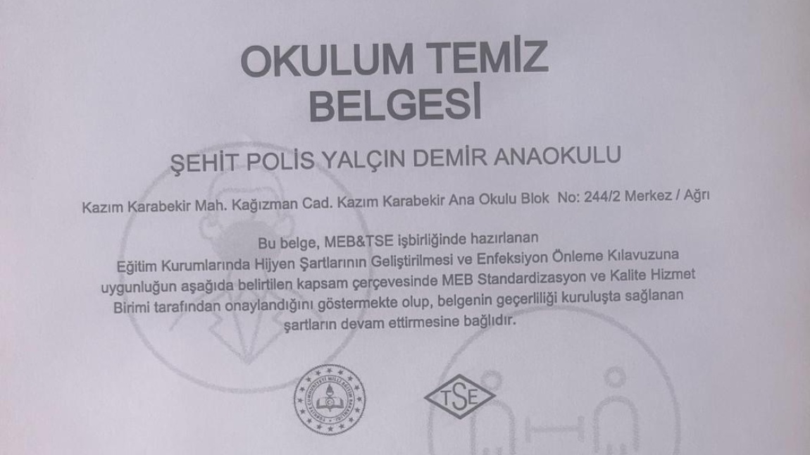 Okulumuz 'Okulum Temiz Belgesi'  Aldı 